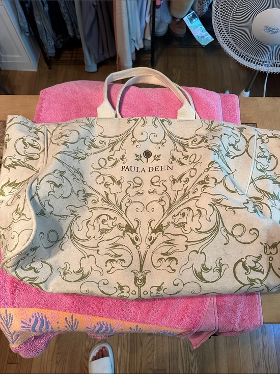 Paula Deen Handbags - Paula Deen Cream Canvas Tote with Olive Scroll Design